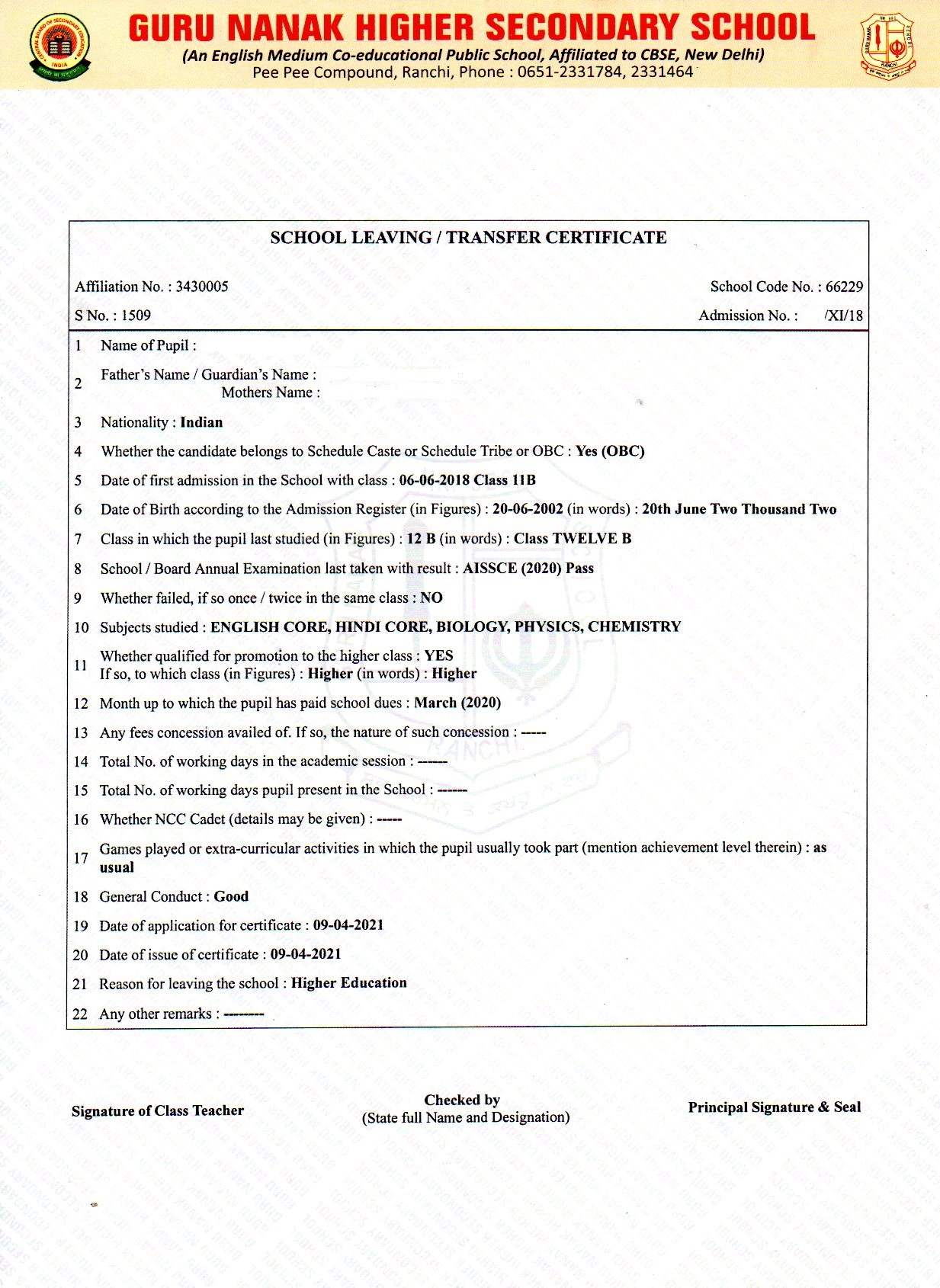 Transfer Certificate Sample Guru Nanak Higher Secondary School Ranchi application-for-transfer-certificate-in-english-youtube